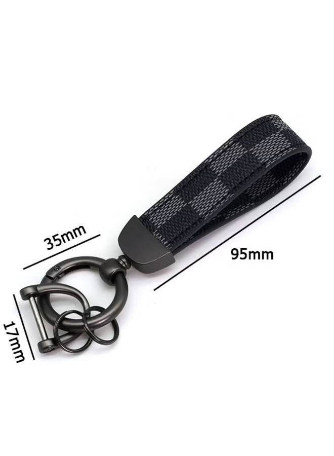 Car PU Leather Metal Keychain - Plaid Leather Zinc Alloy Ring 360° Rotating - Car Universal Wrist Band - Key School Bag Car Decoration Pendant - Black/Send a Screwdriver - Image 2