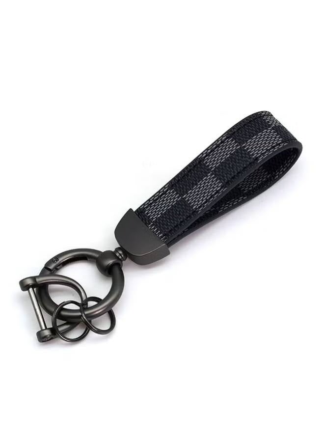 Car PU Leather Metal Keychain - Plaid Leather Zinc Alloy Ring 360° Rotating - Car Universal Wrist Band - Key School Bag Car Decoration Pendant - Black/Send a Screwdriver - Image 1
