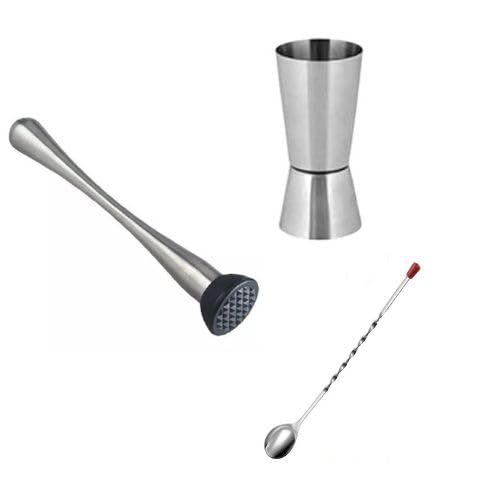 OLRADA Cocktail Bar Steel Muddler I Suitable for Crushing and Muddling Mocktail or Cocktail Set of 3 Pcs New Muddler JiggerSpoon - Image 1