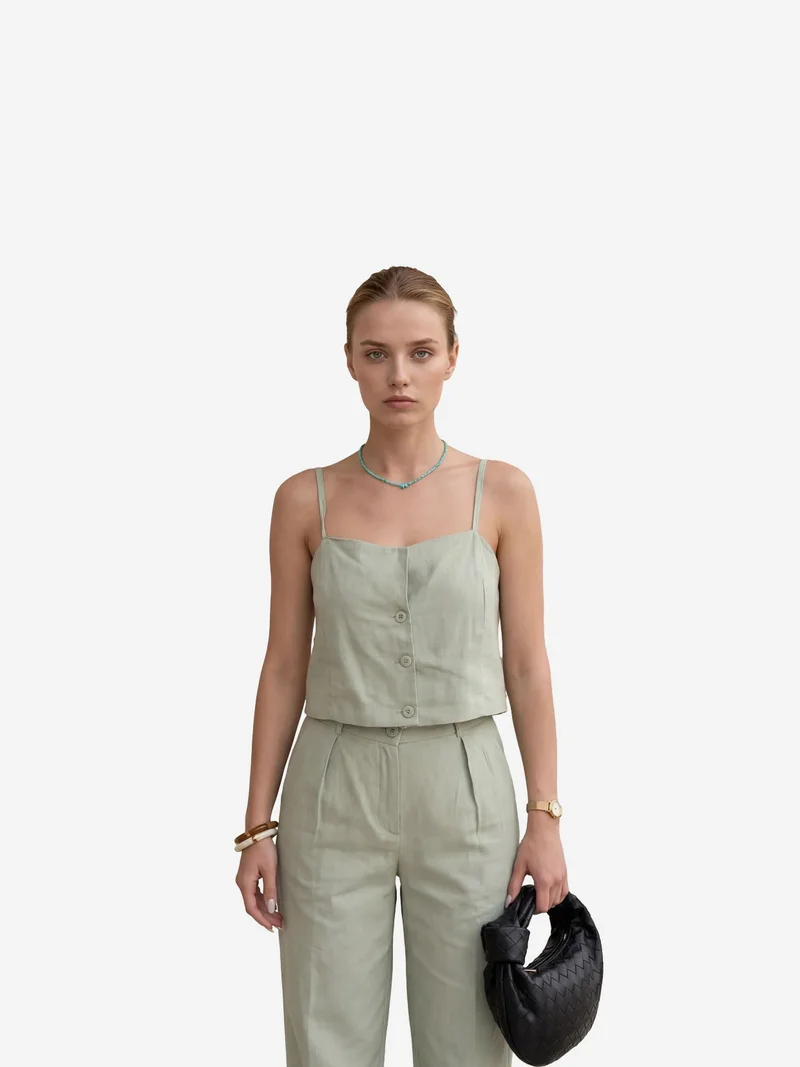 MY FASHION Sage Green MY FASHION V-Neck Buttoned Vest with Pockets & Straight Leg Pants Two-Piece Set for Women | Best Price UAE