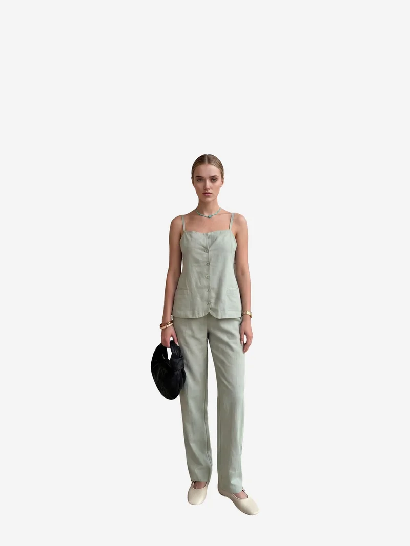 MY FASHION V-Neck Buttoned Vest with Pockets & Straight Leg Pants Two-Piece Set