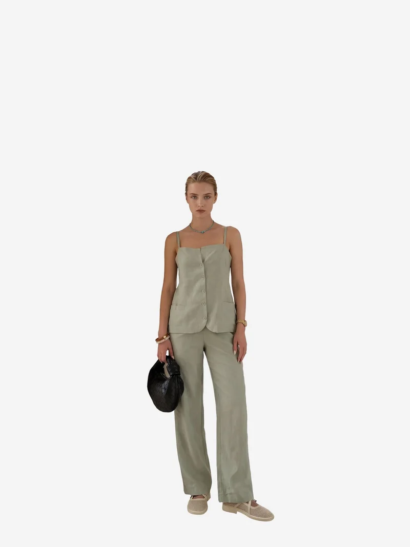 MY FASHION Sage Green MY FASHION V-Neck Buttoned Vest with Pockets & Straight Leg Pants Two-Piece Set for Women | Best Price UAE