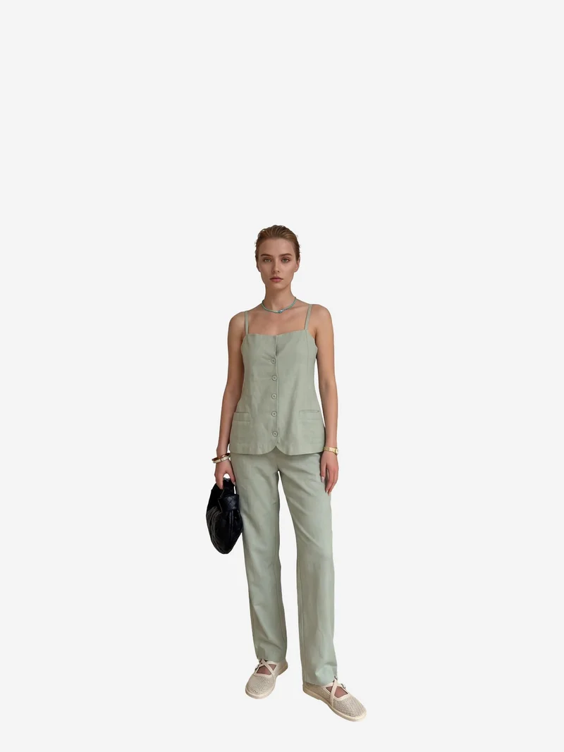 MY FASHION Sage Green MY FASHION V-Neck Buttoned Vest with Pockets & Straight Leg Pants Two-Piece Set for Women | Best Price UAE