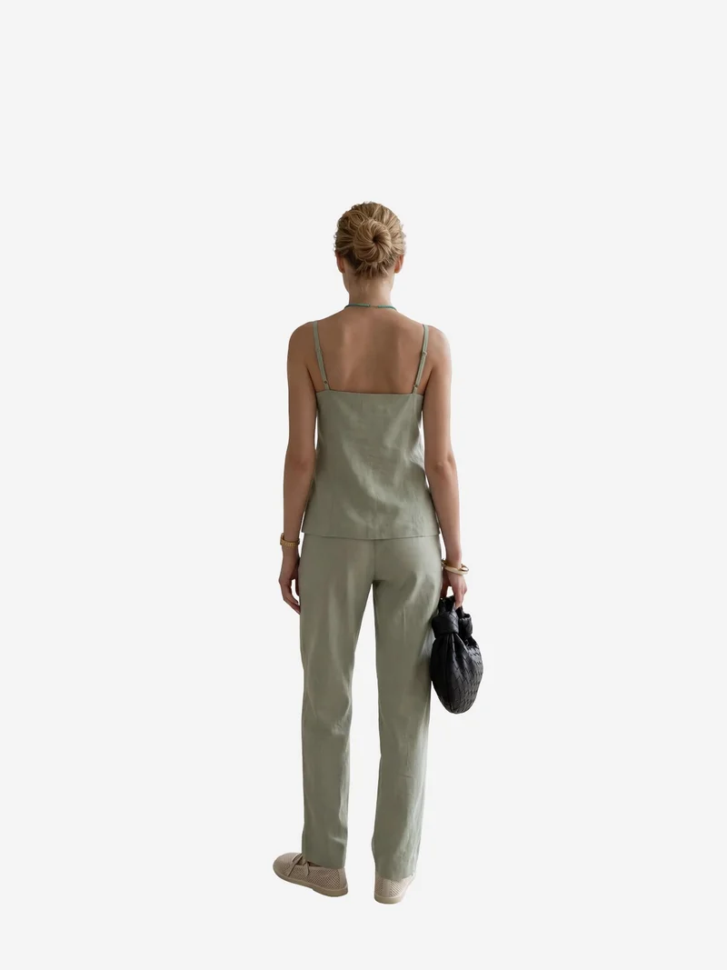 MY FASHION Sage Green MY FASHION V-Neck Buttoned Vest with Pockets & Straight Leg Pants Two-Piece Set for Women | Best Price UAE