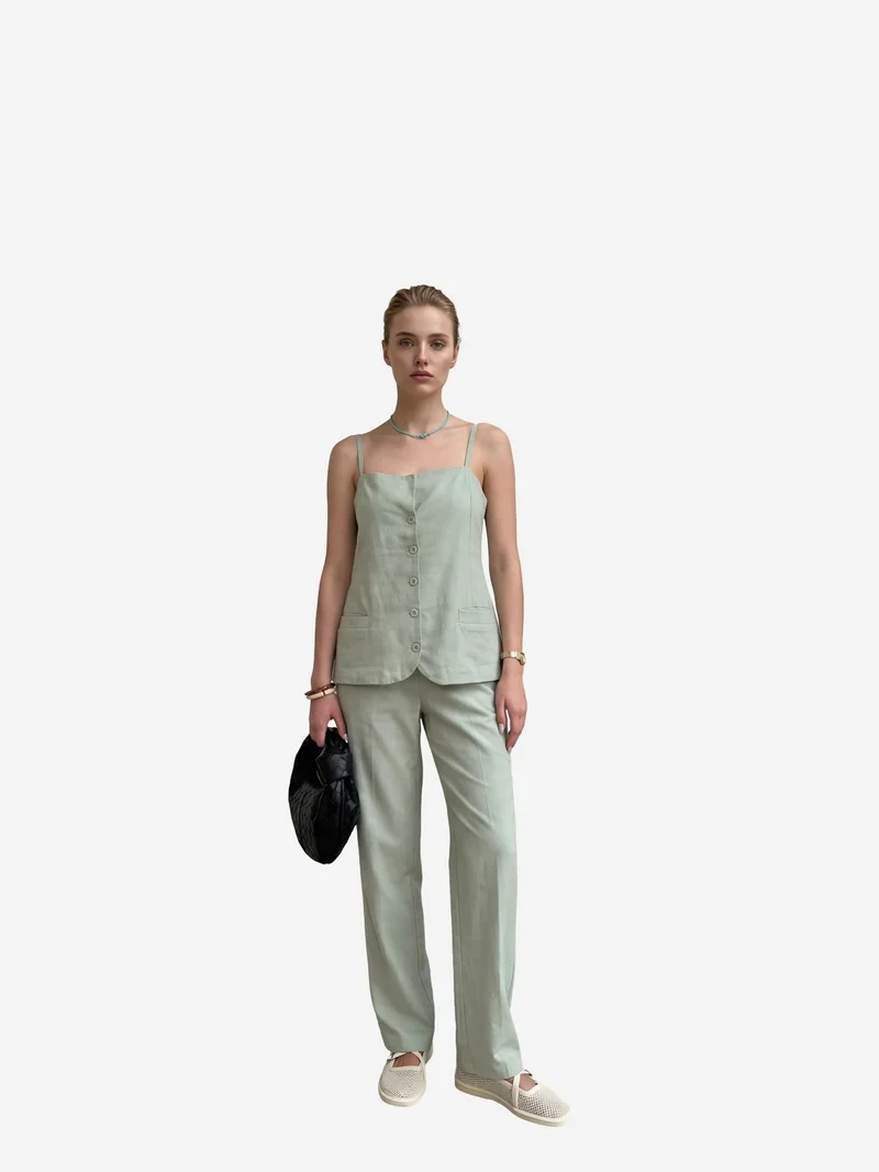 MY FASHION Sage Green MY FASHION V-Neck Buttoned Vest with Pockets & Straight Leg Pants Two-Piece Set for Women | Best Price UAE