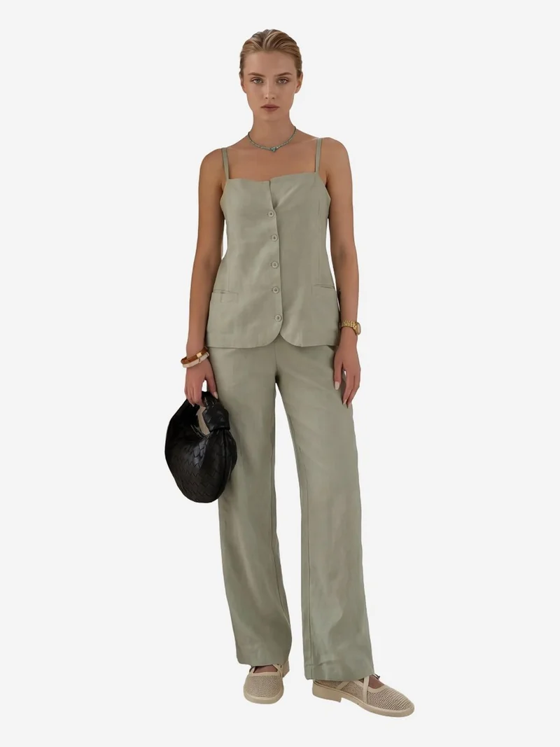 My Fashion Sage Green MY FASHION V-Neck Buttoned Vest with Pockets & Straight Leg Pants Two-Piece Set for Women | Best Price UAE
