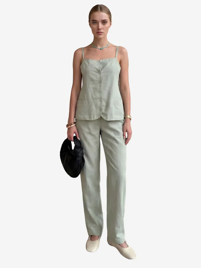 MY FASHION V-Neck Buttoned Vest with Pockets & Straight Leg Pants Two-Piece Set