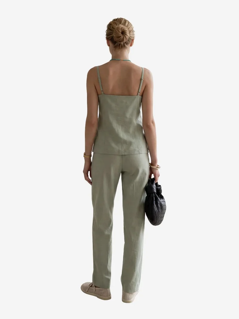 My Fashion Sage Green MY FASHION V-Neck Buttoned Vest with Pockets & Straight Leg Pants Two-Piece Set for Women | Best Price UAE