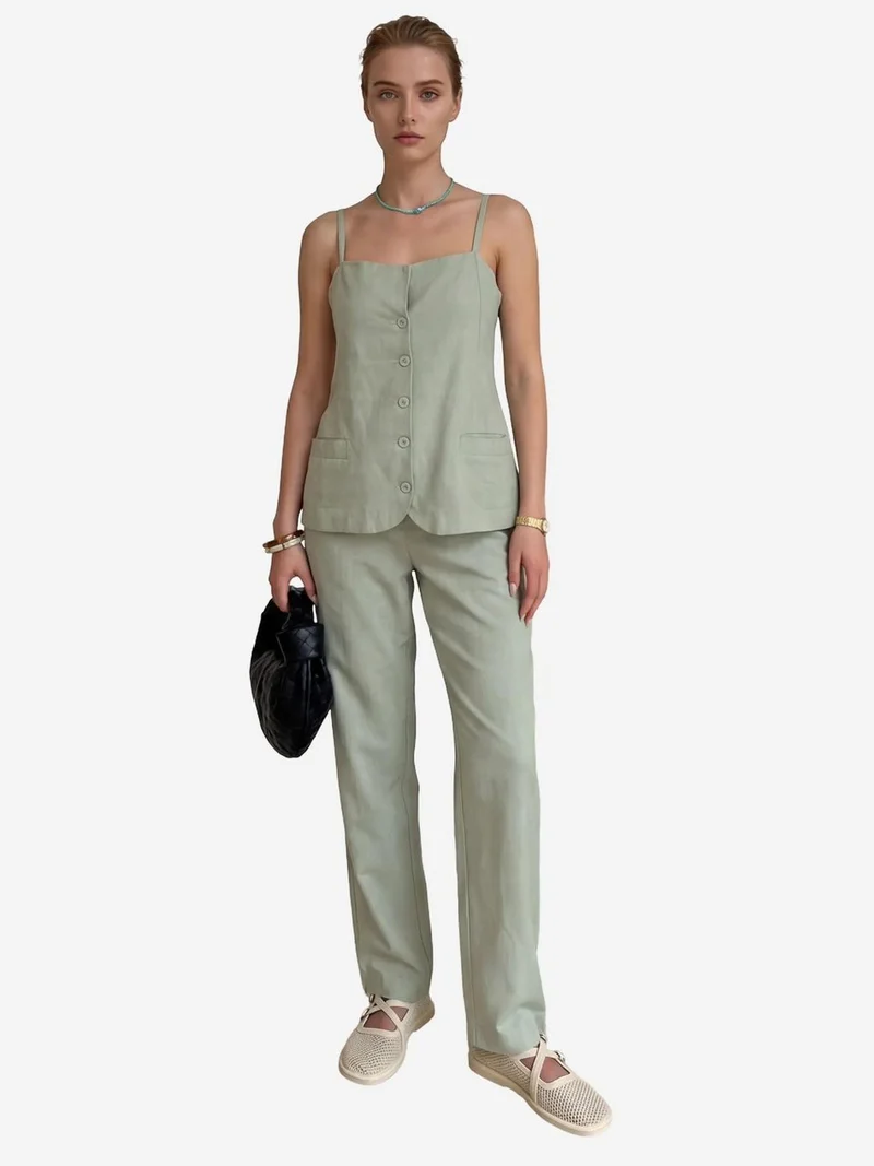 My Fashion Sage Green MY FASHION V-Neck Buttoned Vest with Pockets & Straight Leg Pants Two-Piece Set for Women | Best Price UAE