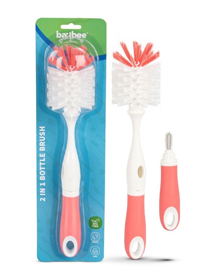 BAYBEE - BAYBEE 2 in 1 Nylon Bristles Baby Feeding Bottles & Nipple Cleaning Brush Easy Grip 360° Rotating Long Handle Milk Bottle Cleaner Brush for Easy Clean Bottle Neck & Corners for All Mugs & Cups (Pink) - Image 1