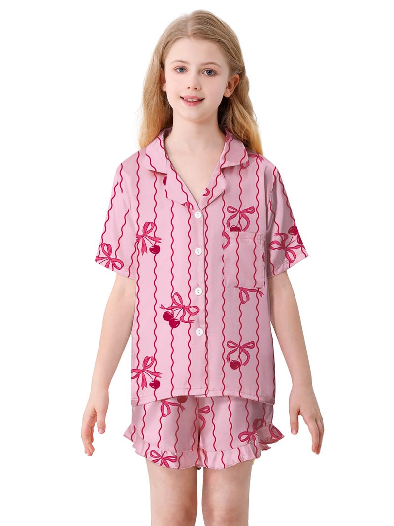 Umeyda Girls Satin Silky Collar V Neck Ruffle Short Sleeve Top and Shorts Pajamas Set, Pink Bow Cherry, 7-8 Years - Image 2