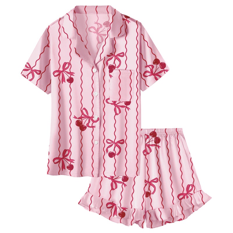 Umeyda Girls Satin Silky Collar V Neck Ruffle Short Sleeve Top and Shorts Pajamas Set, Pink Bow Cherry, 7-8 Years - Image 1