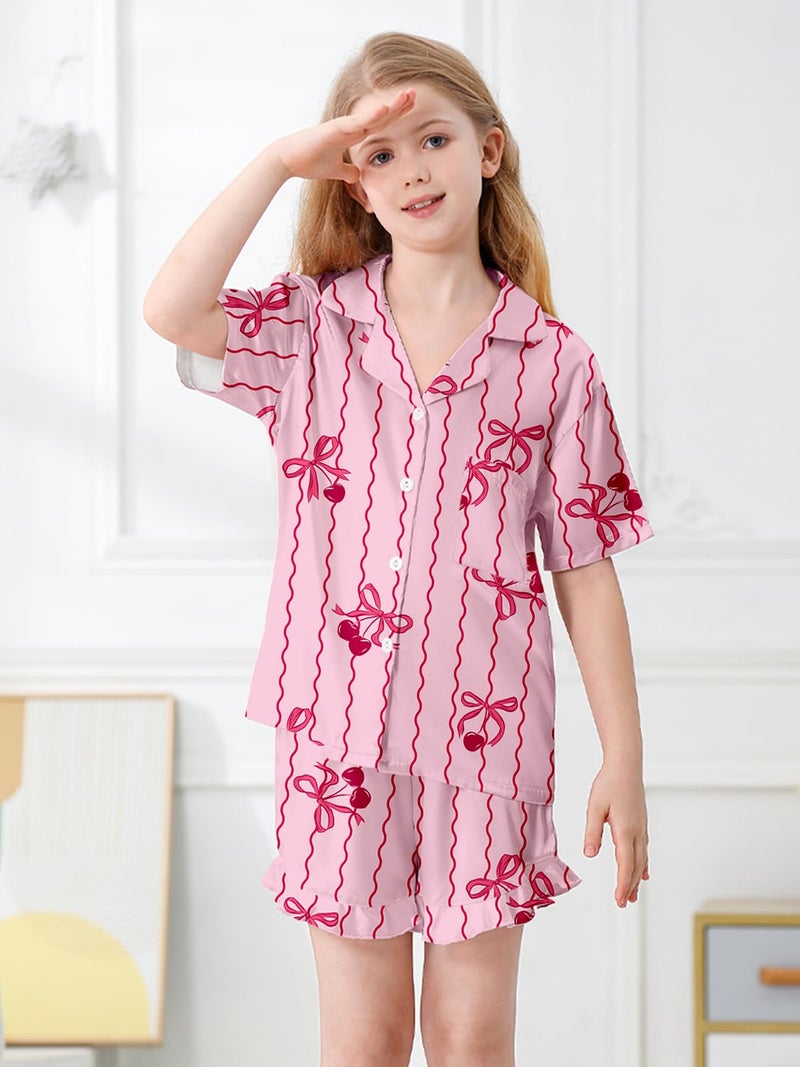 Umeyda Girls Satin Silky Collar V Neck Ruffle Short Sleeve Top and Shorts Pajamas Set, Pink Bow Cherry, 7-8 Years - Image 3