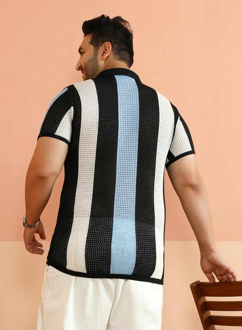 Instafab Plus Instafab Plus Men's Blue & White Panelled Open-Knit Polo T-Shirt For Casual Wear | Polo Neck | Short Regular Sleeves | Pull On Closure | Plus Size T-Shirt Crafted With Comfort Fit For Everyday Wear