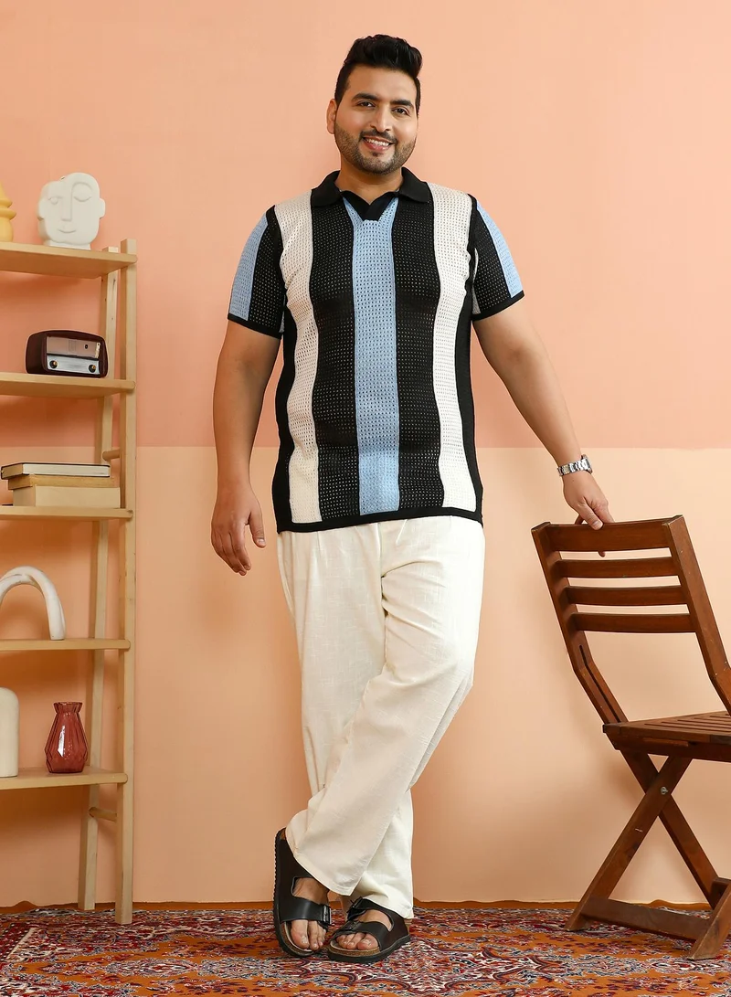 Instafab Plus Instafab Plus Men's Blue & White Panelled Open-Knit Polo T-Shirt For Casual Wear | Polo Neck | Short Regular Sleeves | Pull On Closure | Plus Size T-Shirt Crafted With Comfort Fit For Everyday Wear