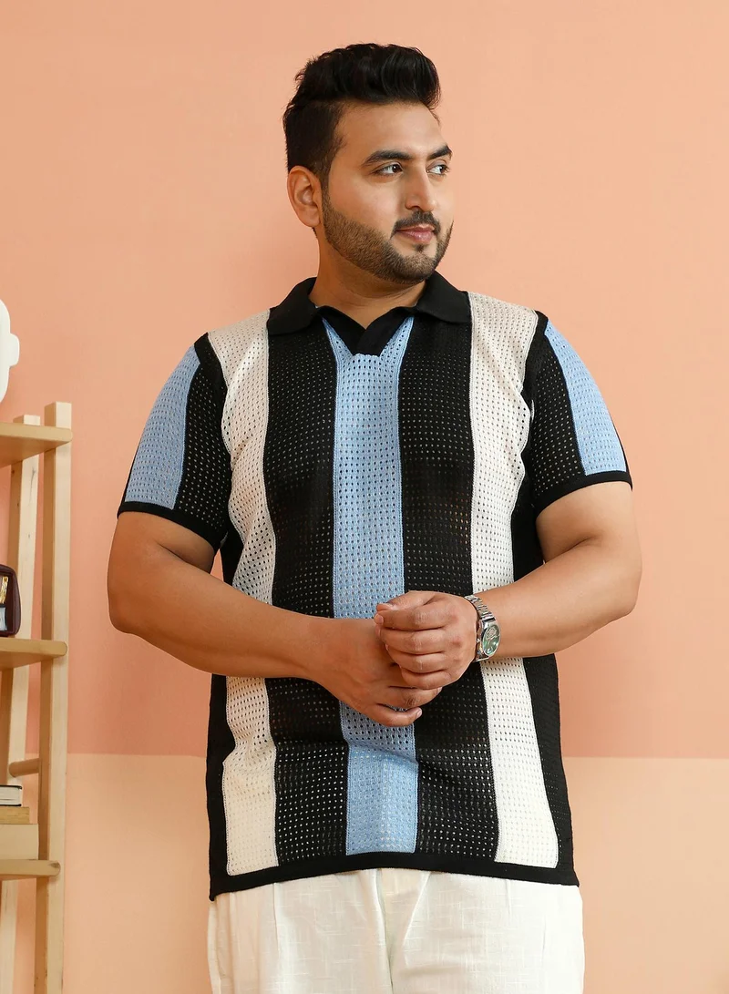 انستافاب بلس Instafab Plus Men's Blue & White Panelled Open-Knit Polo T-Shirt For Casual Wear | Polo Neck | Short Regular Sleeves | Pull On Closure | Plus Size T-Shirt Crafted With Comfort Fit For Everyday Wear