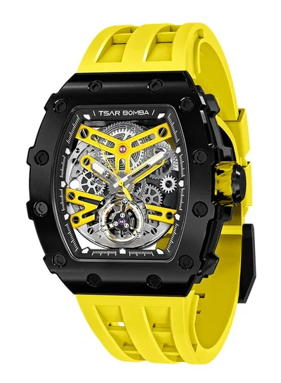 TSAR BOMBA Elemental Series 43mm Automatic Men's Watch with Yellow Silicone Strap