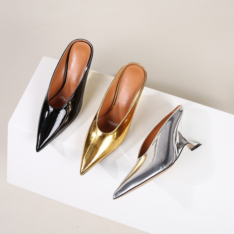 Patent Leather Shiny Face Pointed Front And Rear Empty Wedge Heels Style Golden Plus Size High Heels For Hair - Image 3