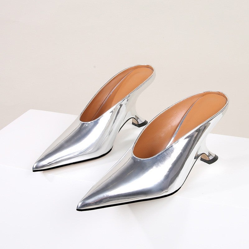 Patent Leather Shiny Face Pointed Front And Rear Empty Wedge Heels Style Golden Plus Size High Heels For Hair - Image 1