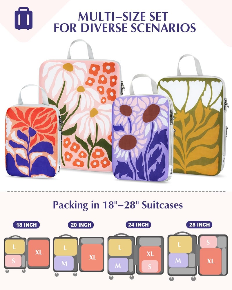 Gonex Compression Packing Cubes, 4pcs Expandable Storage Travel Luggage Bags Organizers, Travel Cubes for Suitcase Carry On (Flowers) - Image 3