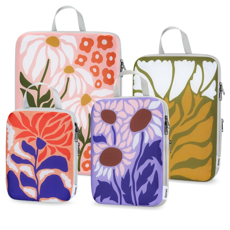Gonex Compression Packing Cubes, 4pcs Expandable Storage Travel Luggage Bags Organizers, Travel Cubes for Suitcase Carry On (Flowers) - Image 1