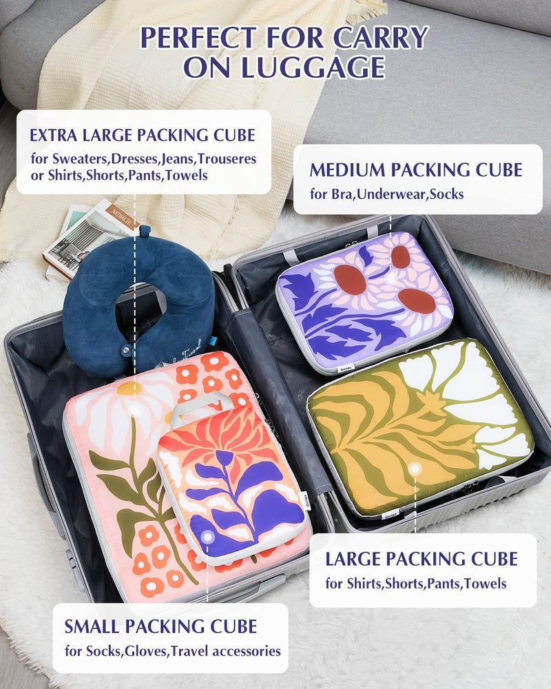 Gonex Compression Packing Cubes, 4pcs Expandable Storage Travel Luggage Bags Organizers, Travel Cubes for Suitcase Carry On (Flowers) - Image 4