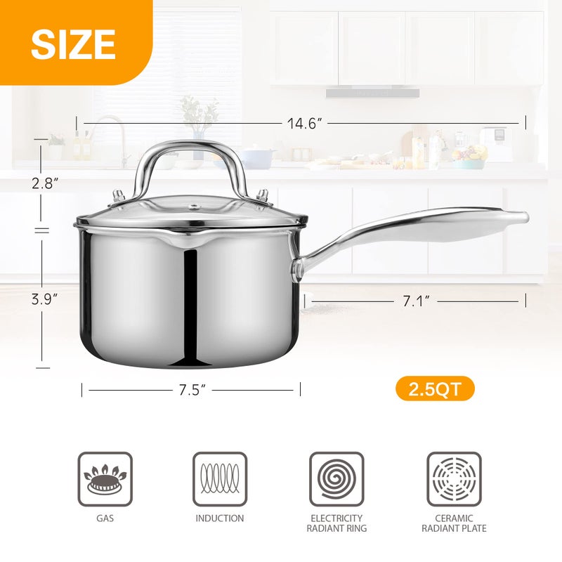 Cyrosa Stainless Steel Saucepan with Tempered Glass Lid, 2.5 Quart Multipurpose Cooking Pot, Sauce Pot for Easy Pour with Ergonomic Handle - Image 2