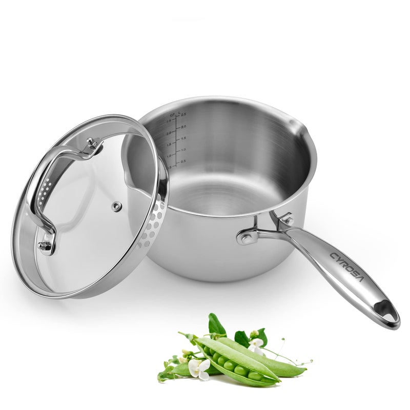 Cyrosa Stainless Steel Saucepan with Tempered Glass Lid, 2.5 Quart Multipurpose Cooking Pot, Sauce Pot for Easy Pour with Ergonomic Handle - Image 1