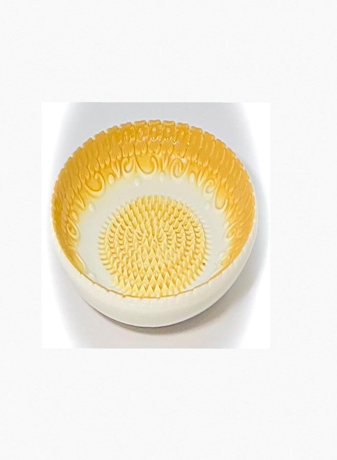 BonCera, All-in-one Premium Ceramic Garlic Grater Plate 4-Piece Set - Yellow Embossed Design and Style - For Garlic, Ginger, Chocolate, and more! - Comes with 5.25" Plate, Peeler, Brush, and Stand - Image 2