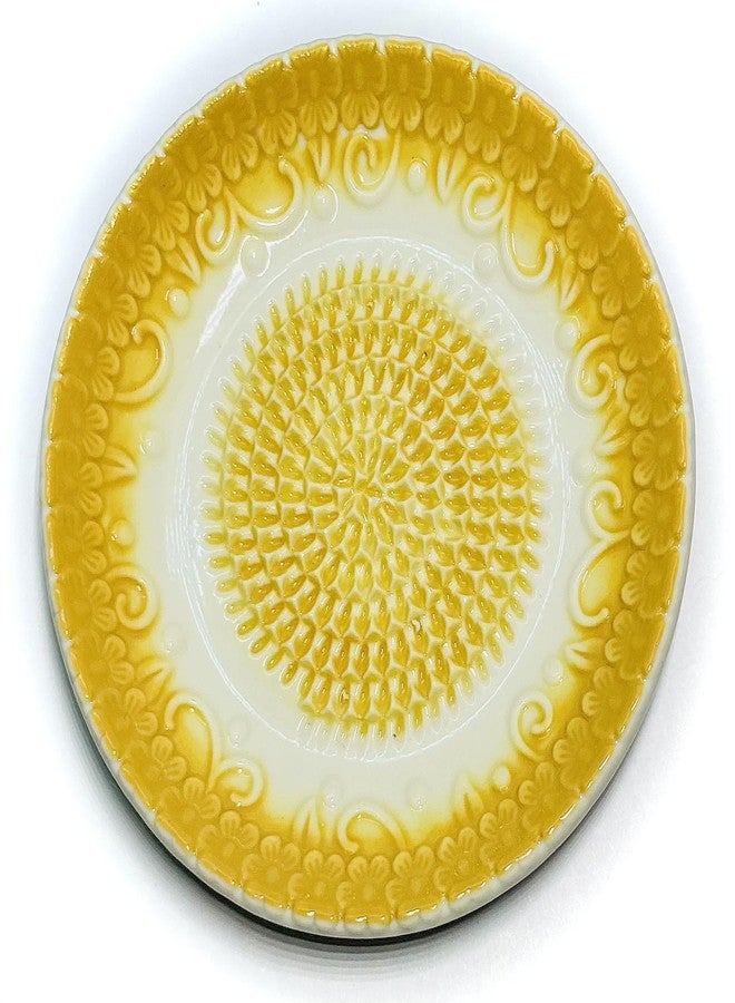 BonCera, All-in-one Premium Ceramic Garlic Grater Plate 4-Piece Set - Yellow Embossed Design and Style - For Garlic, Ginger, Chocolate, and more! - Comes with 5.25" Plate, Peeler, Brush, and Stand - Image 1