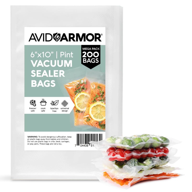 Avid Armor PreCut Pint Size Vacuum Sealer Bags 6x10 Inch 200 Pack  BPA Free Heavy Duty Commercial Grade Compatible with FoodSaver  SealaMeal Perfect for Sous Vide  Food Storage