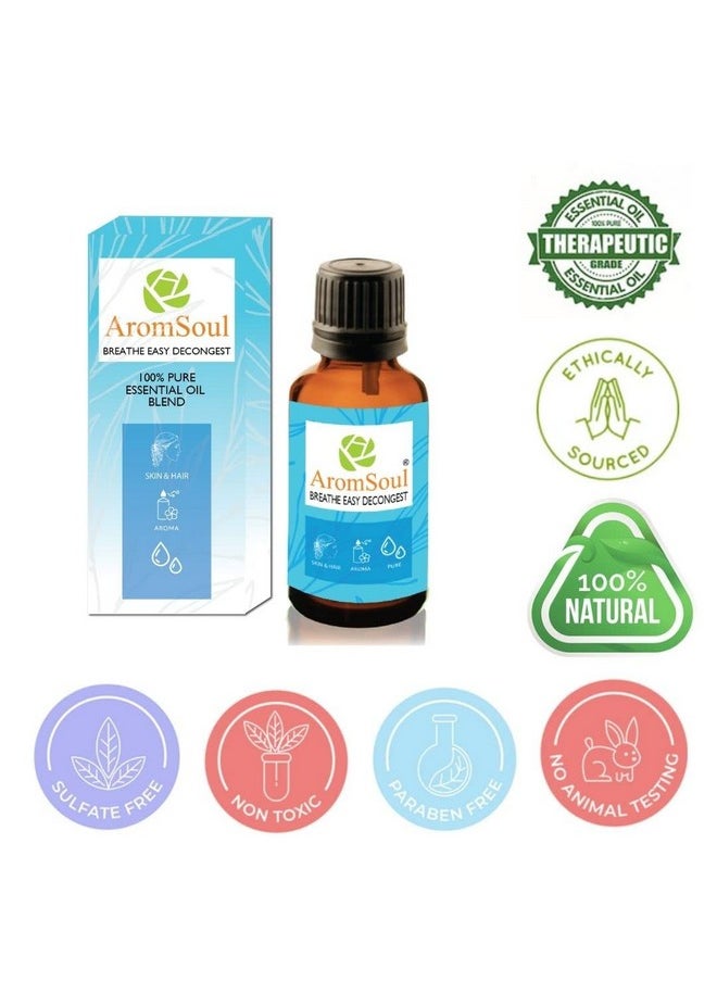 Aromsoul Natural And Pure Breathe Easy Decongest Essential Oil Blend 30 Ml For Sinus, Congestion Relief | Peppermint, Eucalyptus, Tea Tree, Lemon, Laurel Leaf, Cardamom Oil (Blue)  - Image 2