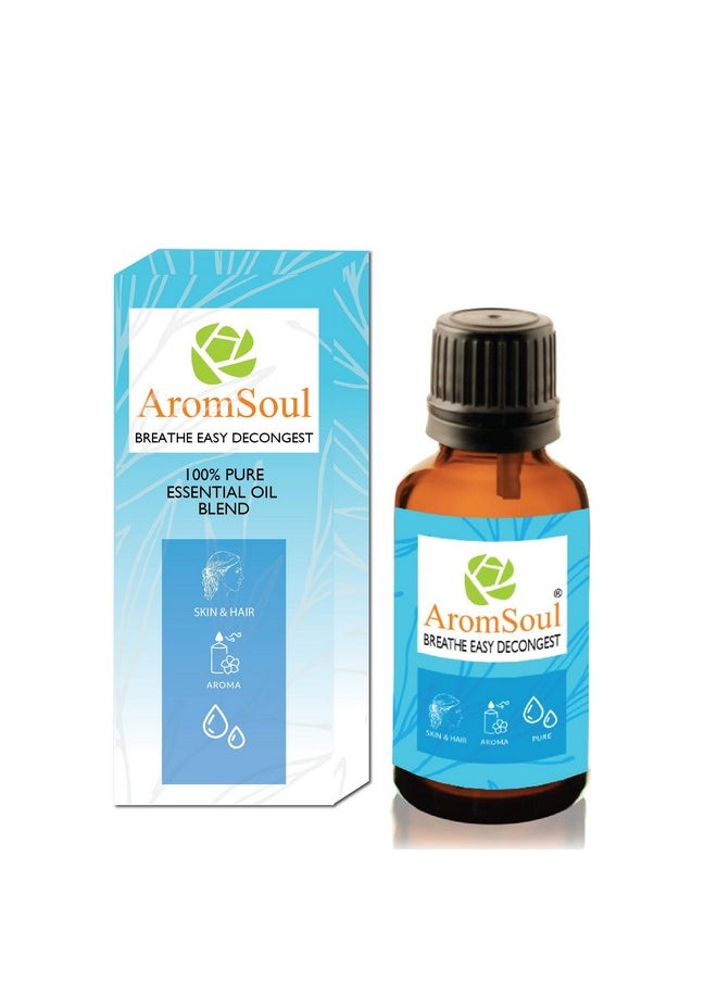 Aromsoul Natural And Pure Breathe Easy Decongest Essential Oil Blend 30 Ml For Sinus, Congestion Relief | Peppermint, Eucalyptus, Tea Tree, Lemon, Laurel Leaf, Cardamom Oil (Blue)  - Image 1
