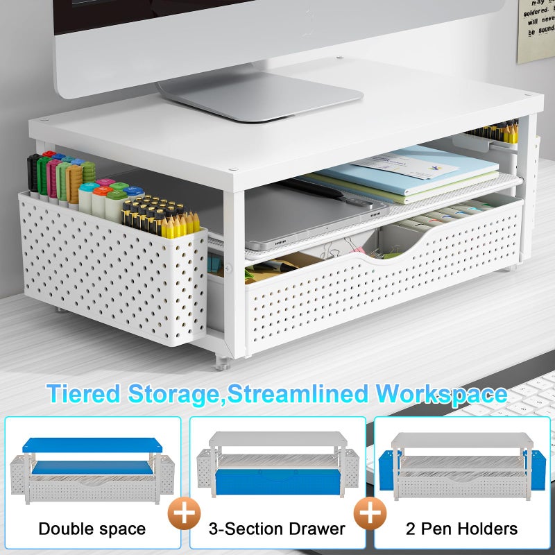 gianotter Wood Monitor Stand Riser, Office Desk Shelf Organizer, Desk Organizer with Drawer and Pen Holder, 2-Tier Computer Stand, Office Organization (Matte White) - Image 4