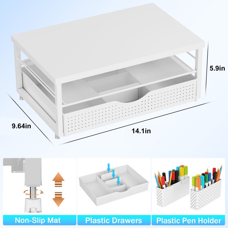 gianotter Wood Monitor Stand Riser, Office Desk Shelf Organizer, Desk Organizer with Drawer and Pen Holder, 2-Tier Computer Stand, Office Organization (Matte White) - Image 5