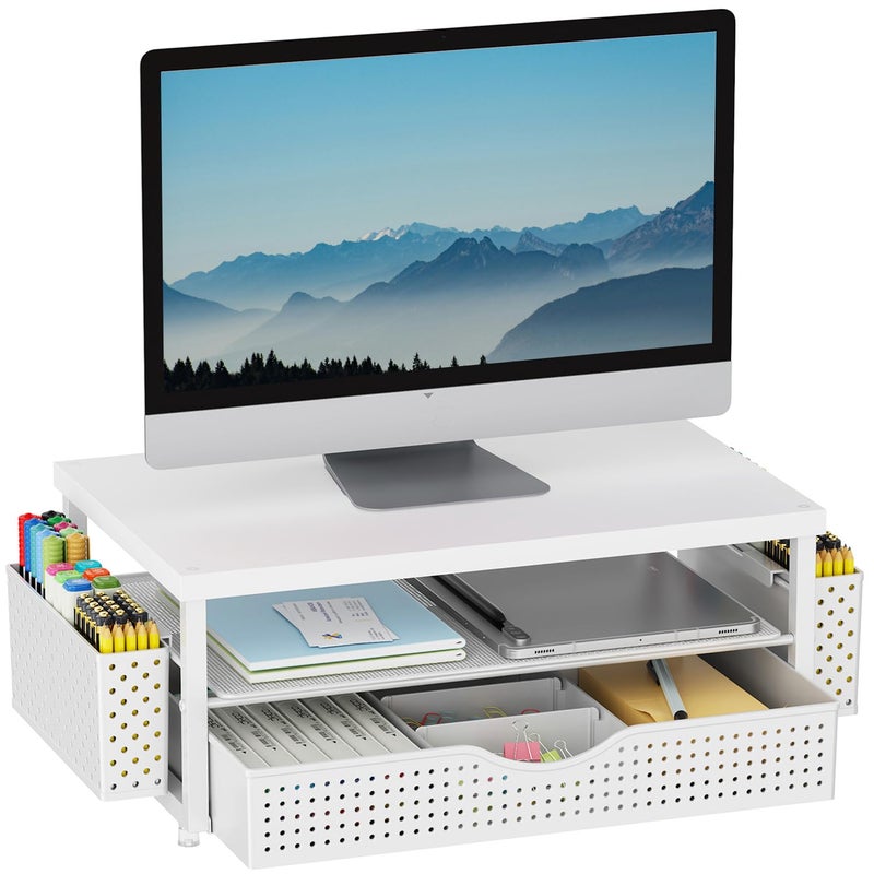 gianotter Wood Monitor Stand Riser, Office Desk Shelf Organizer, Desk Organizer with Drawer and Pen Holder, 2-Tier Computer Stand, Office Organization (Matte White) - Image 1