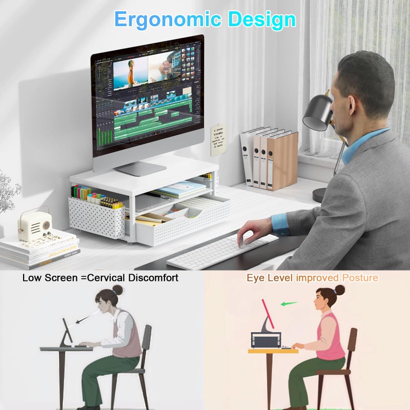 gianotter Wood Monitor Stand Riser, Office Desk Shelf Organizer, Desk Organizer with Drawer and Pen Holder, 2-Tier Computer Stand, Office Organization (Matte White) - Image 2