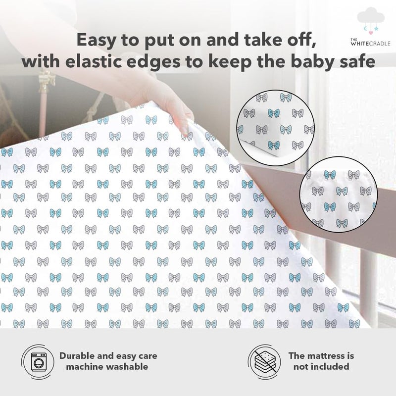 The White Cradle Cotton Baby Crib Fitted Bed Sheets for Cot Organic Twill Fabric Baby Bedding for New Born Infants Toddlers 52x28 Pack of 1 The White Cradle Blue Bows - Image 3