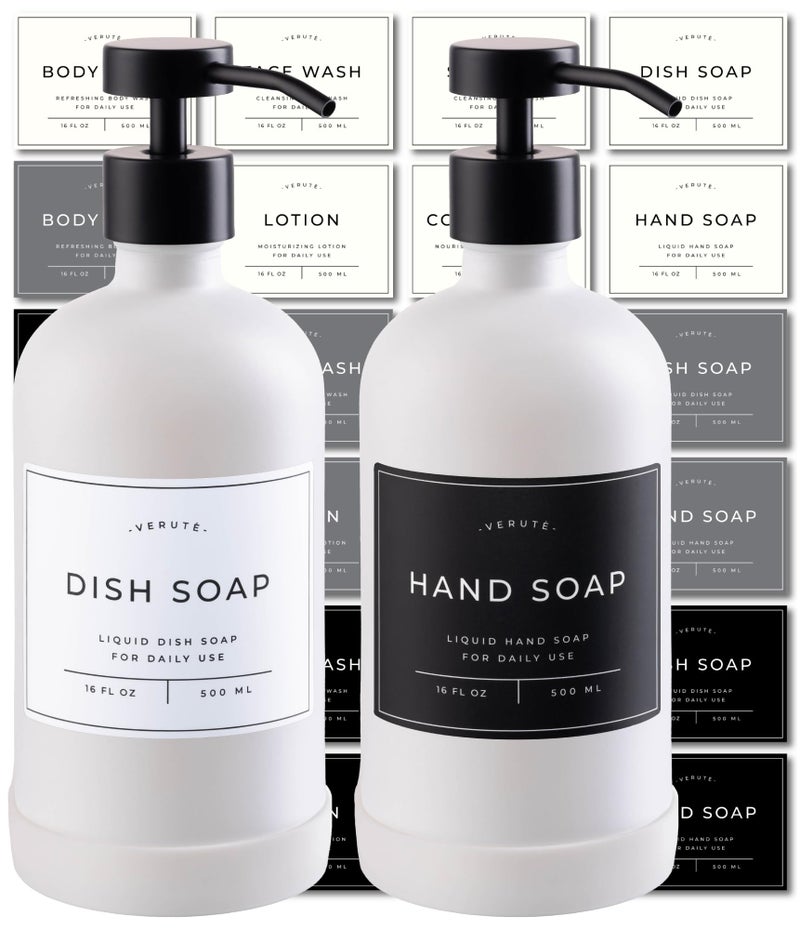 Hand and Dish Soap Dispenser for Kitchen and Bathroom Set of 2 16 Oz Glass Bottles Stainless Steel Pumps NonSlip Silicone Base 27 Waterproof Labels Matte White BottleBlack Pump