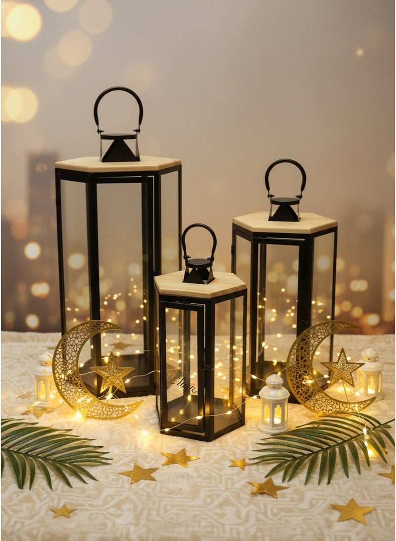Living Classic Design 3 Pieces Metal Wooden Ramadan Lantern Set - Image 1