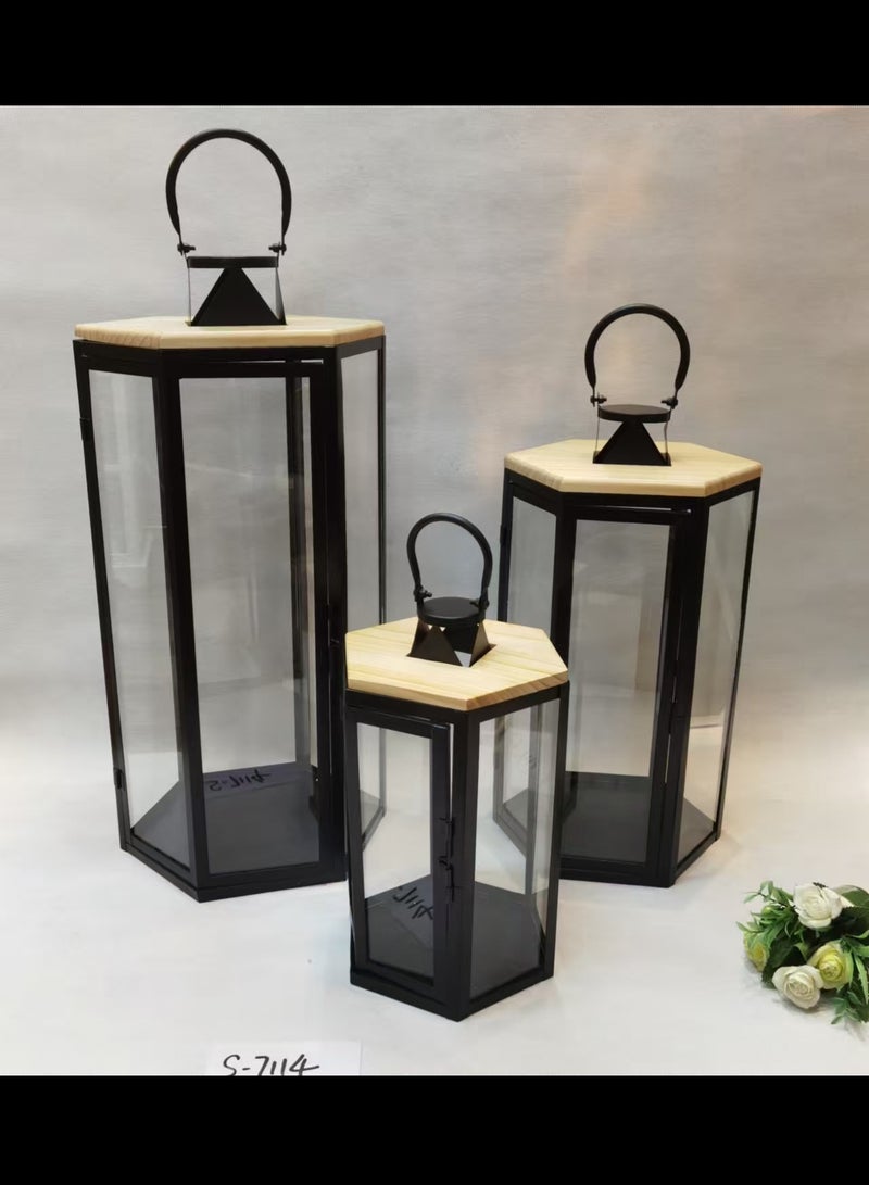 Living Classic Design 3 Pieces Metal Wooden Ramadan Lantern Set - Image 3