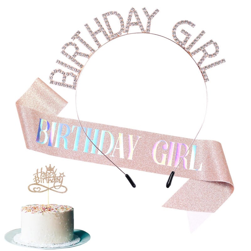 Docooniver 3 Pack Rose Gold Birthday Girl Sash and Rhinstone Headband Set for Women,Glittery Cake Topper,Happy Birthday Crown&Tiara,Accessories,Decorations.Gifts for Kids. - Image 1