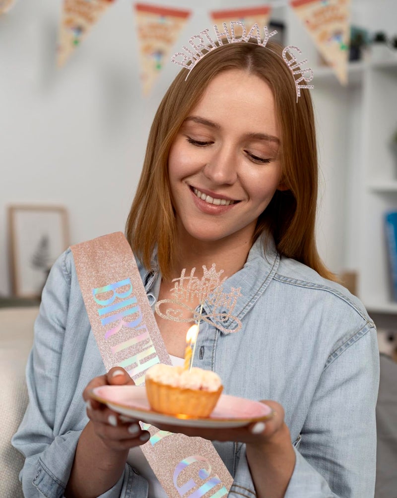 Docooniver 3 Pack Rose Gold Birthday Girl Sash and Rhinstone Headband Set for Women,Glittery Cake Topper,Happy Birthday Crown&Tiara,Accessories,Decorations.Gifts for Kids. - Image 3
