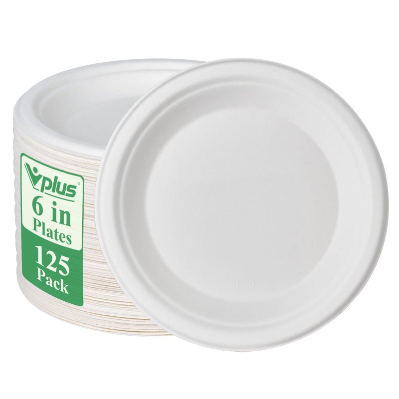Vplus 125 Pack 6 inch Paper Plates 100 Compostable HeavyDuty Disposable Paper Plates Bagasse Natural Biodegradable EcoFriendly SugarcaneWhite