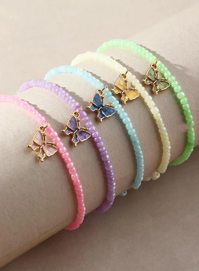 Pack of 5 - Girls Multi-Color Butterfly Charm Beaded Bracelet