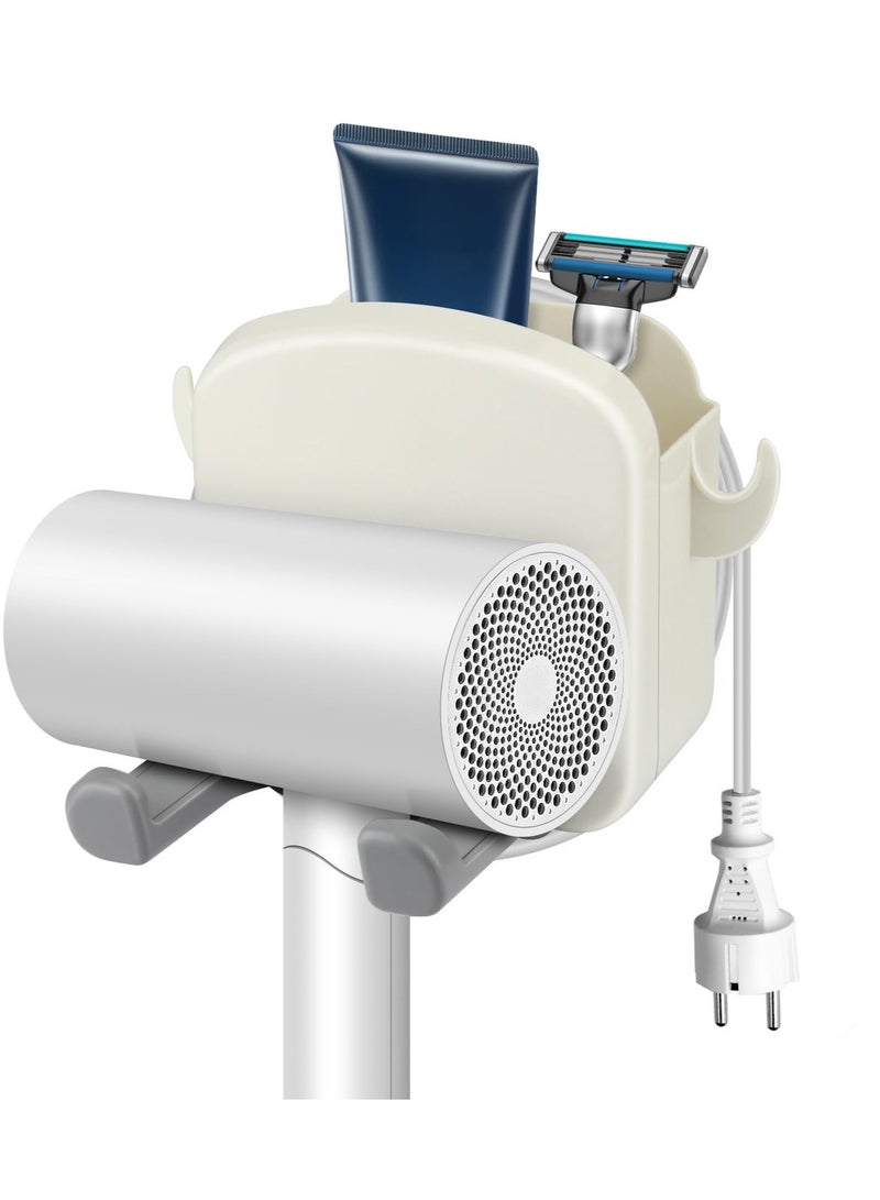 SOLARAE Wall Mounted Hair Dryer Holder, Foldable Blow Dryer Rack with Storage Box, Hair Styling Product Care Tool Organizer, Bath Supplies Accessories Tray Stand (Off-White) - Image 1