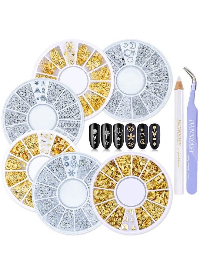 DANNEASY - 3D Nail Charms Metal Nail Art Studs Gold Nail Jewels Silver Hollow Star Moon Shell Flower Manicure Decoration Salon With 1Pc Curved Tweezers Wax Pen (6 Wheels) - Image 1