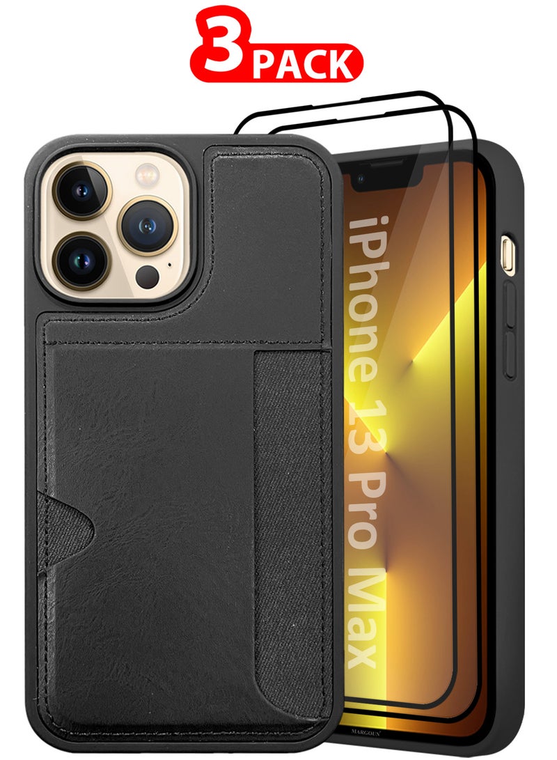 CATANES iPhone 13 Pro Max 3Packs Case Leather Antifingerprint Cover with Wallet Card Slot Shell, Side Insert Card Holder, Anti Fall Protection - Black  - Image 1