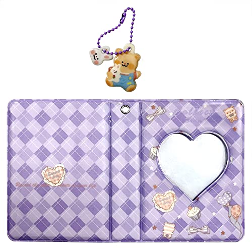 YAHUIPEIUS 3 Inch Mini Photo Album, Heart Hollow Card Binder Photo Card Holder with Pendant 40 Pockets (purple plaid) - Image 3