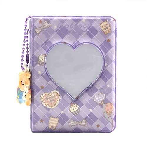 YAHUIPEIUS 3 Inch Mini Photo Album, Heart Hollow Card Binder Photo Card Holder with Pendant 40 Pockets (purple plaid) - Image 2